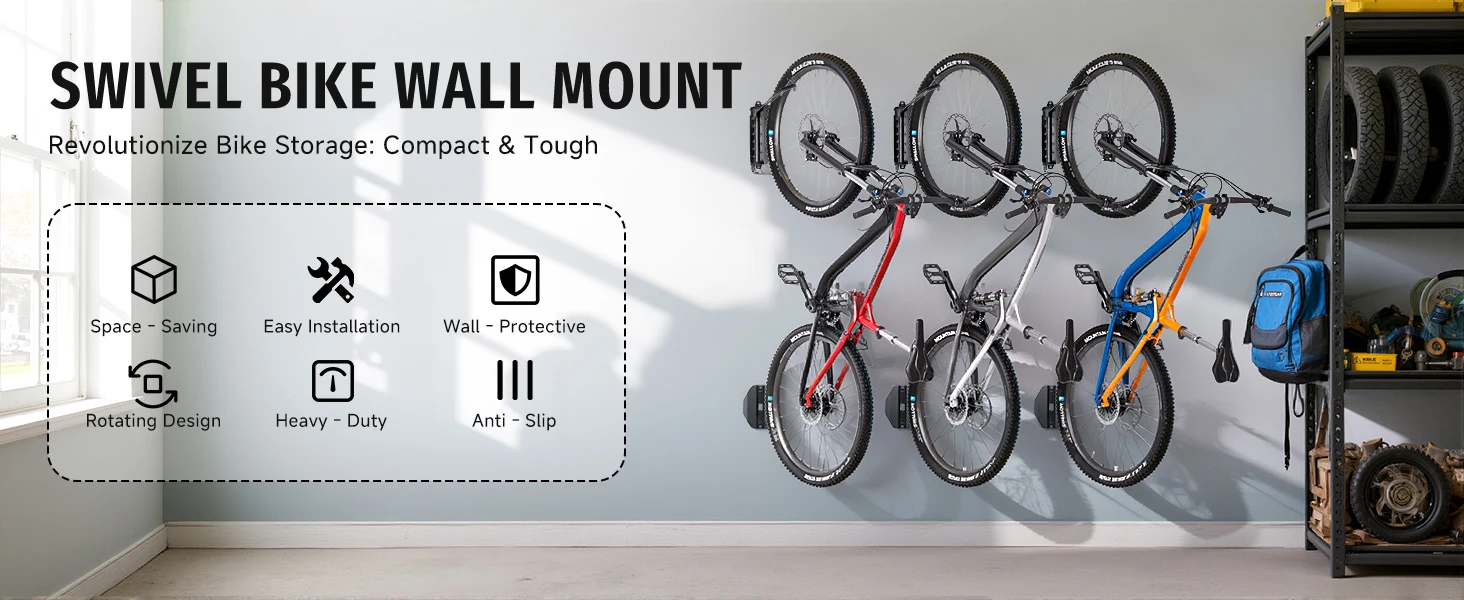 2er-Pack 150 ° Drehbarer Multifunktionaler Fahrradhalter Wandmontierte Aufbewahrungshalterung Vertikale Tragfähigkeit 66 lbs pro Halterung – Detail 1