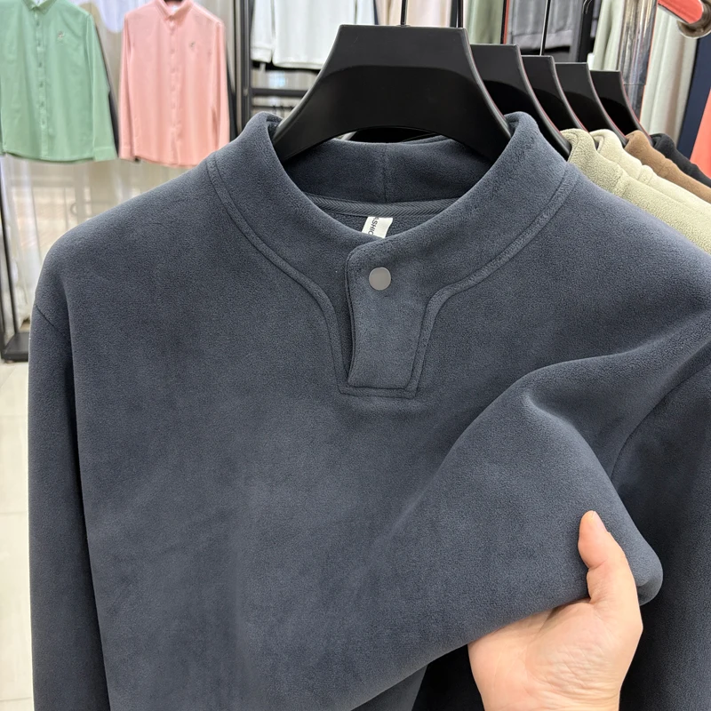 

men's autumn winter high quality fleece-lined thicken long sleeves t-shirt one button keep warm new pullover men clothing tops