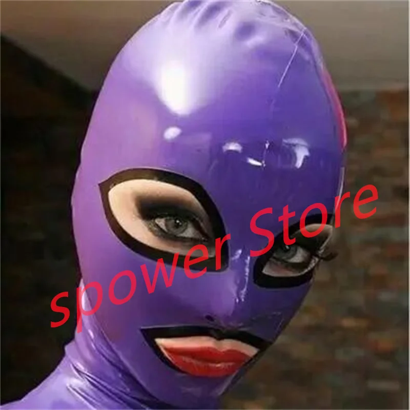 

Natural Latex Full Head Latex Hoods Rubber Mask Fetish Cosplay Costumes Purple with Black Trim Back Zip Club Wear