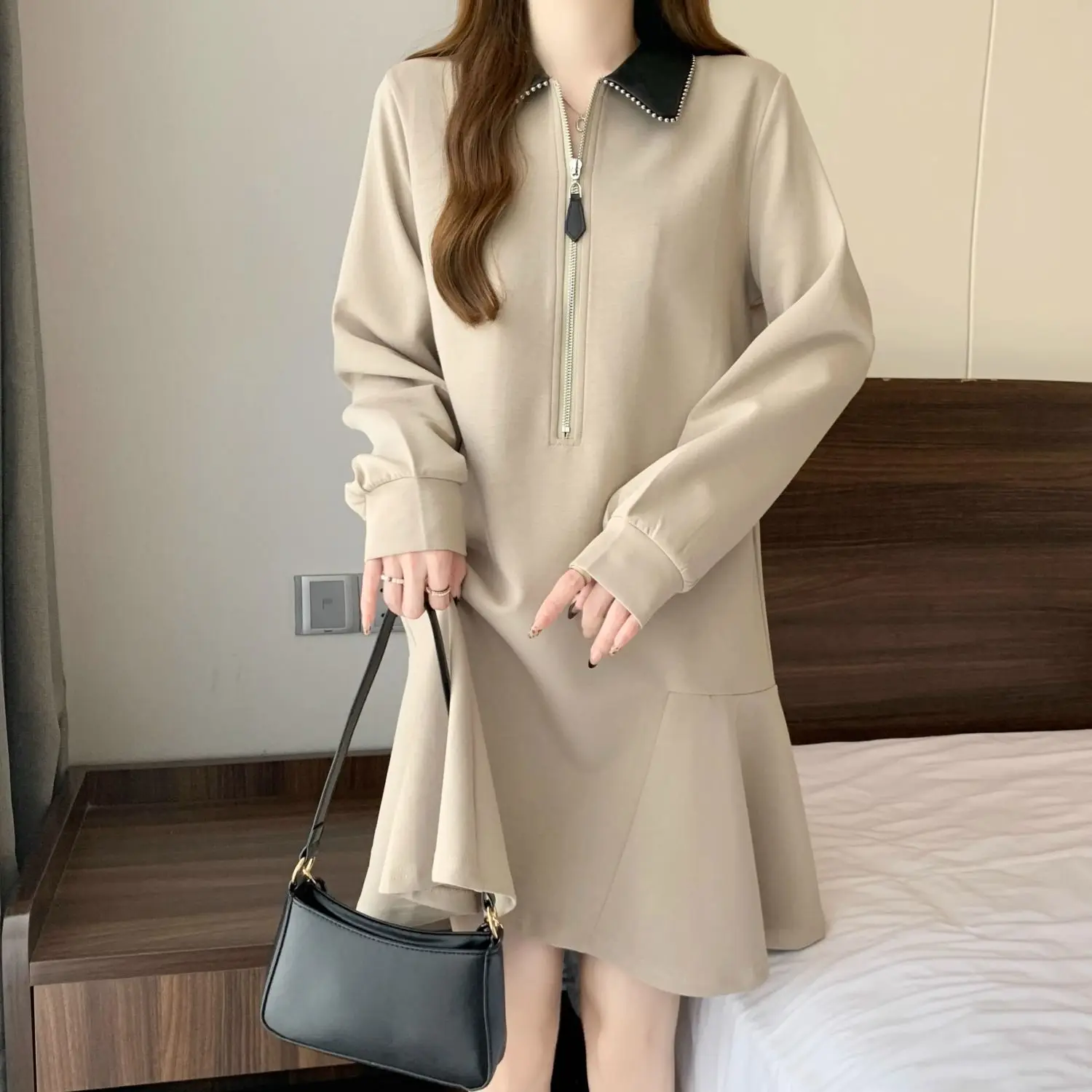 Fat Mm Plus Size Light Luxury Polo Collar Long-sleeved Dress Women Spring Autumn Design Simple Belly-covering Bottoming Skirt