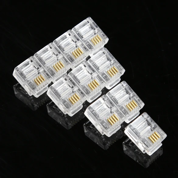 100Pcs 4ขา RJ11 RJ-11 6P4C Modular โทรศัพท์คริสตัลหัวปลั๊ก6P4 Core Gold Plated ยี่ห้อเครือข่าย