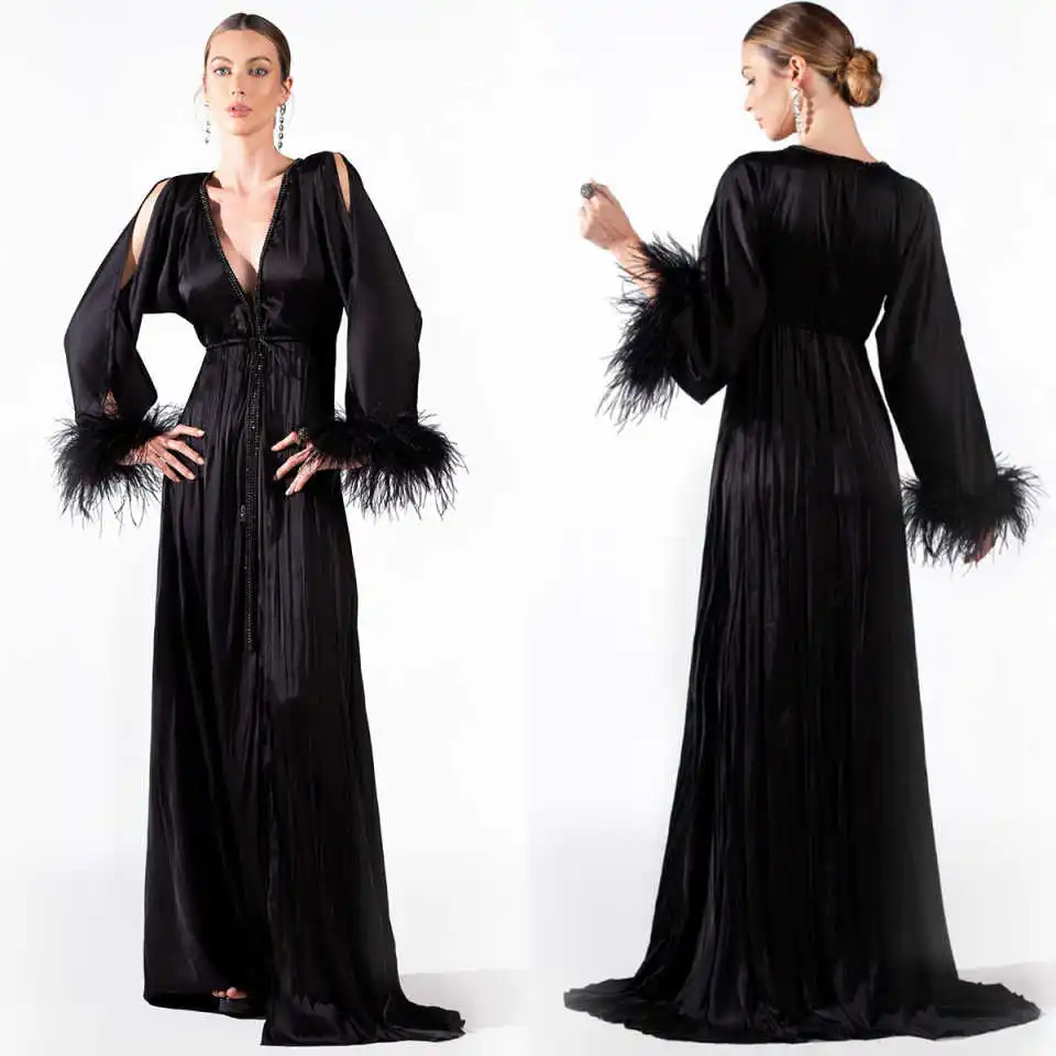 Gorgeous Pajamas Dresses Women Robe Nightgown Feathers Bathrobe Long Sleeve Maternity Dressing Gown for Photography Custom Made