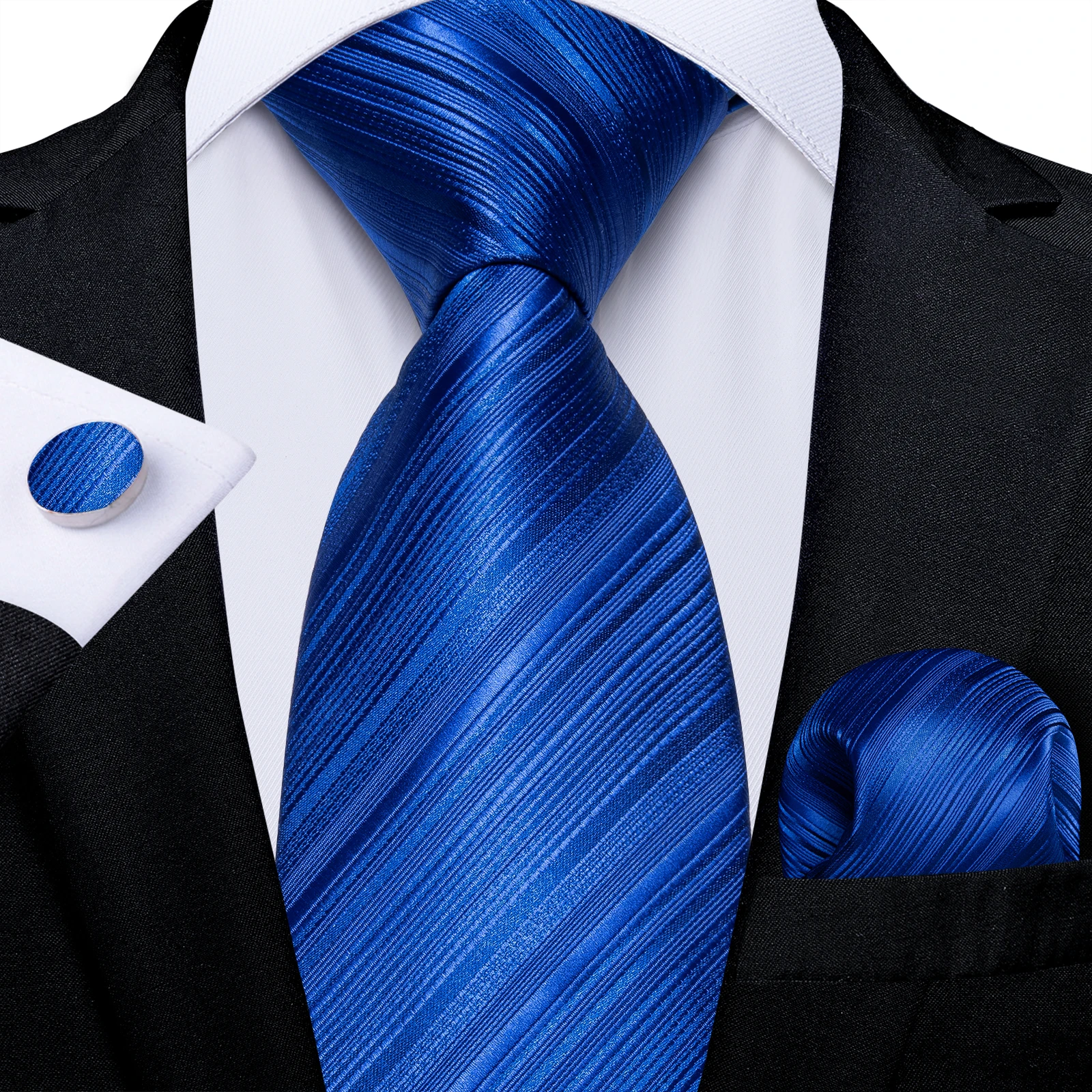 Royal Blue Solid Striped Men\'s Tie Set with Metal Ring Handkerchief Cufflinks Wedding Prom Men Accessories 8cm Necktie Gift