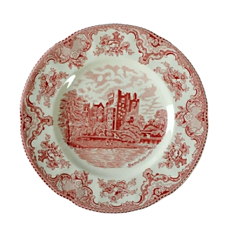 Ceramic Retro European Underglaze Color Red Castle Series Steak Plate Bread Flat Plate Dishes Dinner Dessert Party Tableware