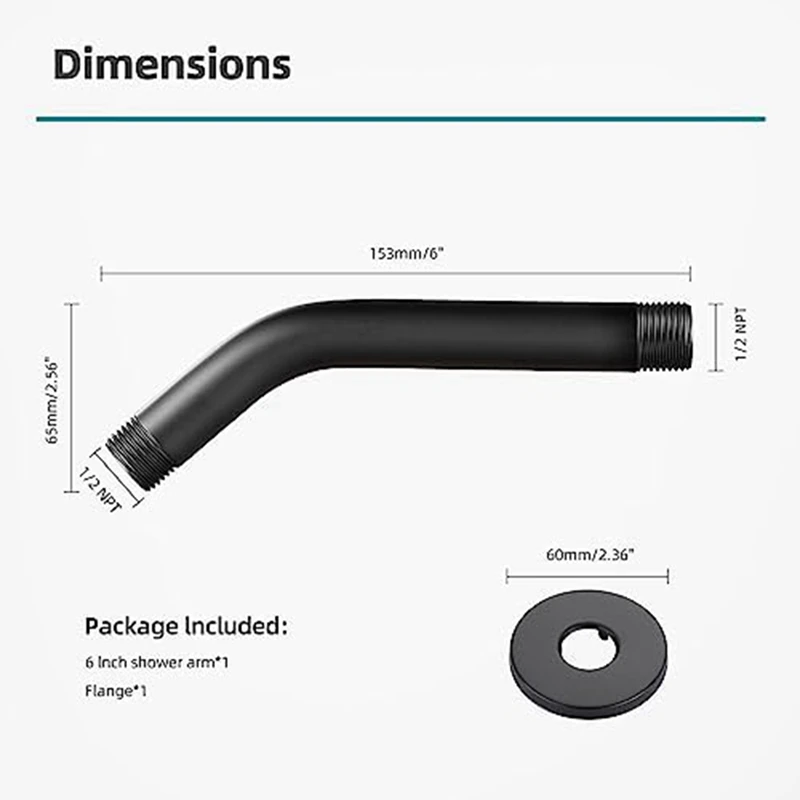 Extensão fixada na parede do braço do chuveiro, 6 ", tubulação fixada na parede, braço para a cabeça fixa