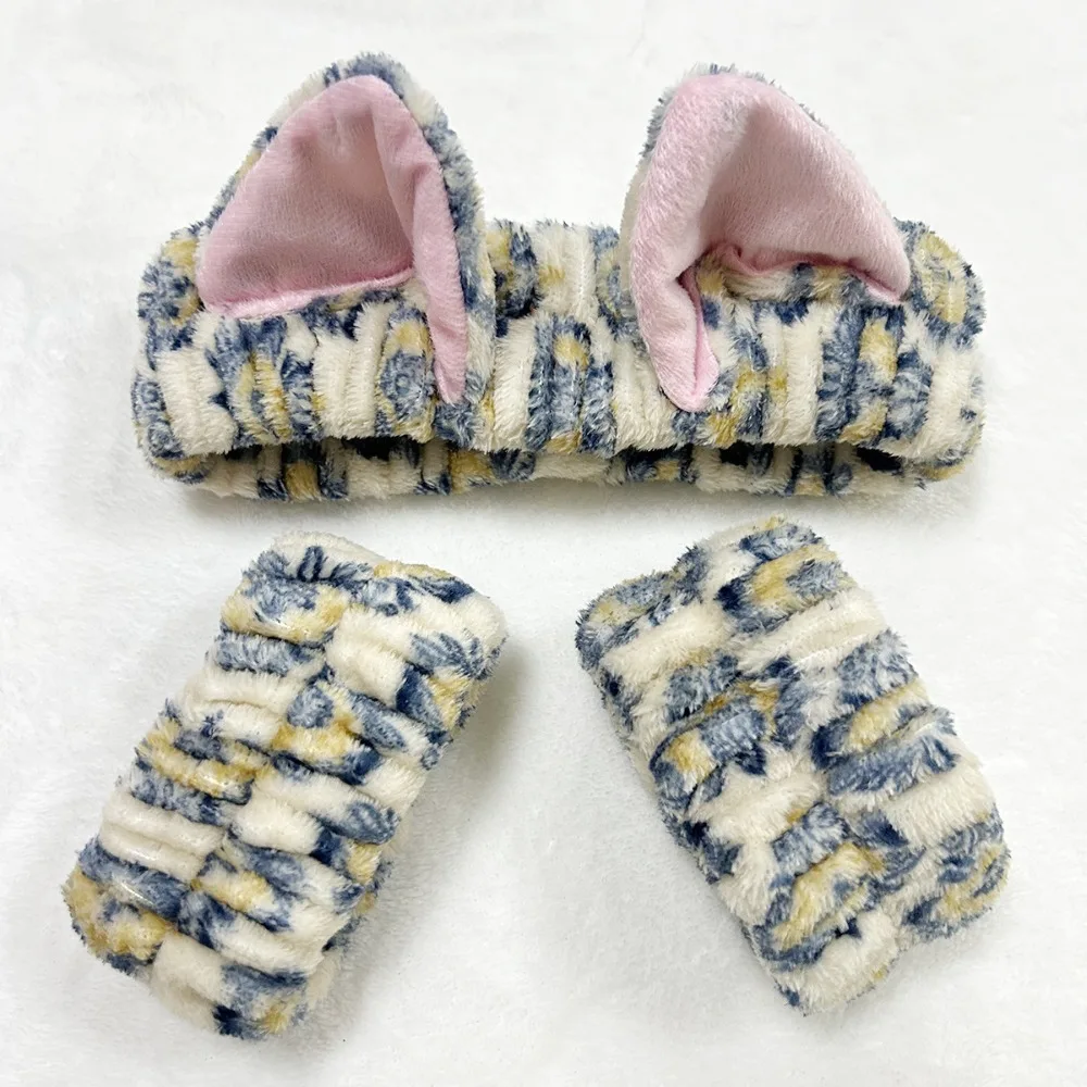 

3 шт./компл., повязка на голову с леопардовым принтом, милая повязка на голову с кошачьими ушками, эластичные повязки на голову из кораллового флиса, мягкие аксессуары для волос, ремешок на запястье