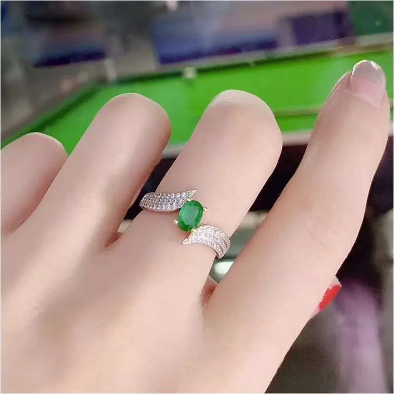 

MeiBaPJ Natural Emerald Gemstone Wing Fashion Ring for Women Real 925 Sterling Silver Charm Fine Wedding Jewelry