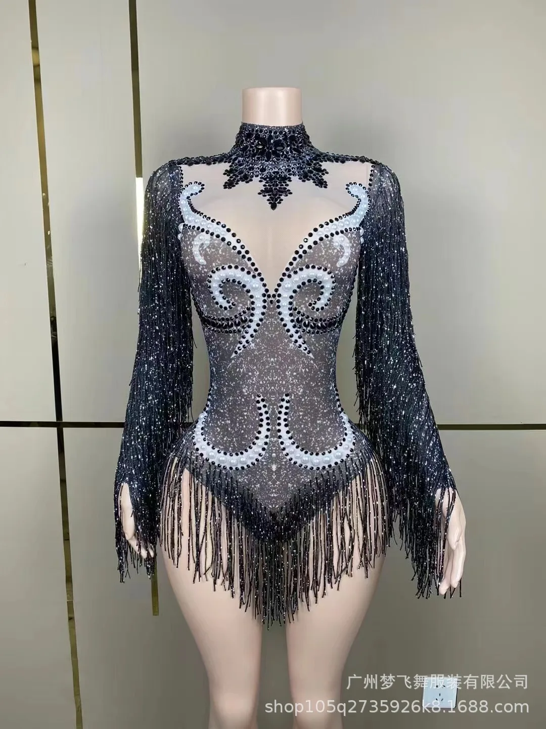 Women Sexy Mesh Performance Dance Dress Nightclub Singer Dancer Stage Costume Shiny Rhinestone Long Sleeve Tassel Jumpsuit
