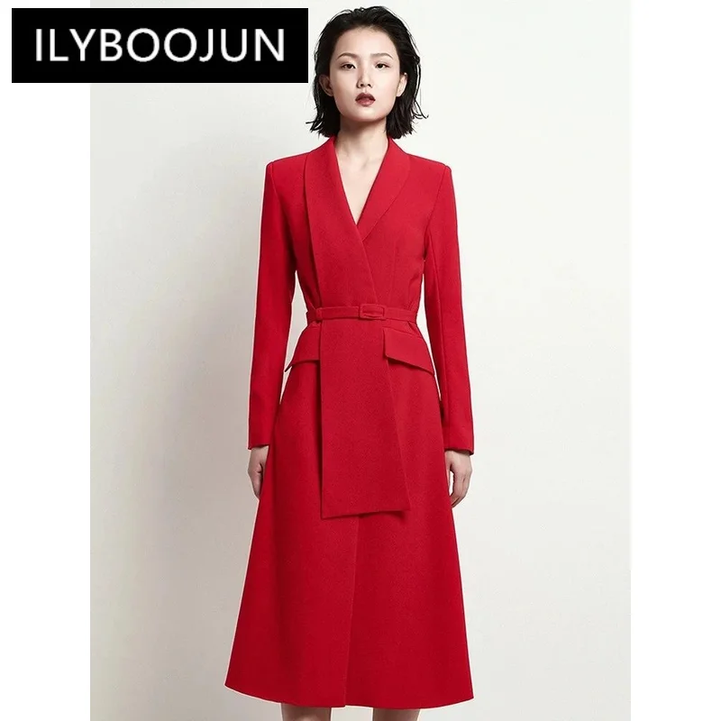 

ILYBOOJUN Women's Fashion Suit Dress Belt Deep V Neck Split Splice Waist Long Sleeve Slim Elegant Dresses Summer 2024 New