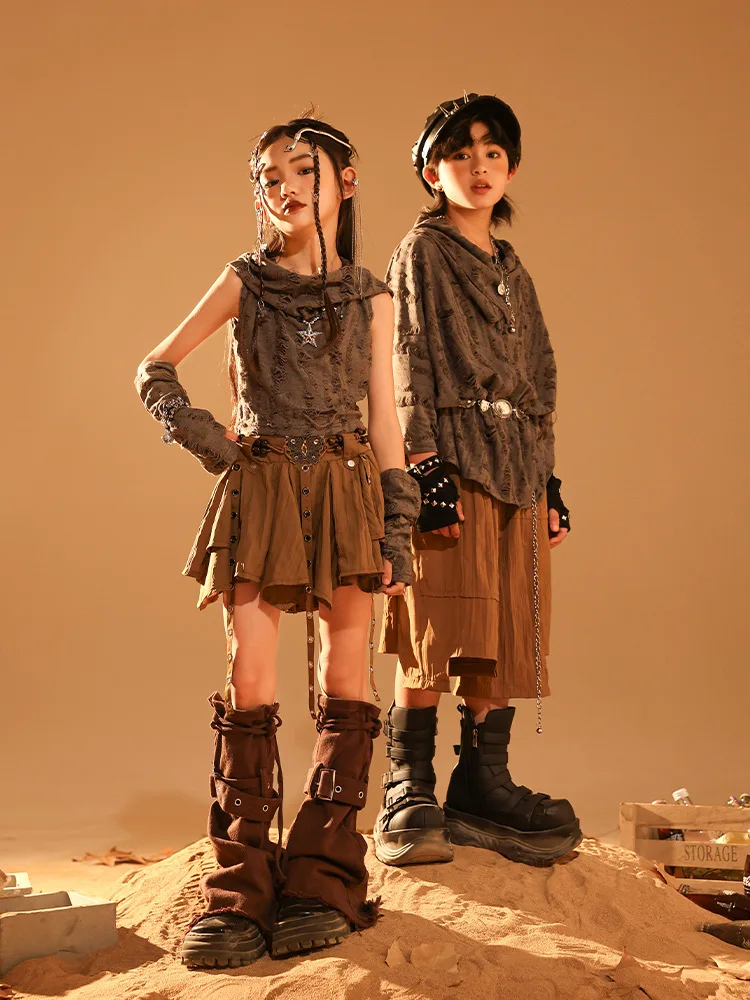 طفل القفار نمط الهيب هوب الملابس رمادي المتزعج هوديي أعلى القهوة مطوي تنورة السراويل لفتاة صبي أزياء رقص الملابس #5