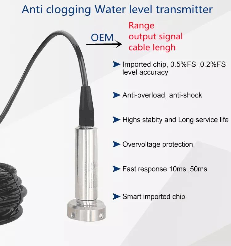 Anti clogged anti-blocking Liquid Level sensor transmitter 4-20mA Output DC24V for water tank sewage measurement