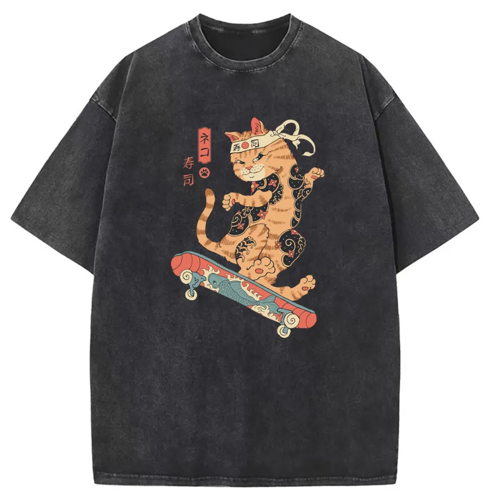 Japanese Sushi Cat Skateboarding Graphic T-shirts For Man Women Long Sleeve Tee Shirt Men Vintage Printed Washed Sweatshirts