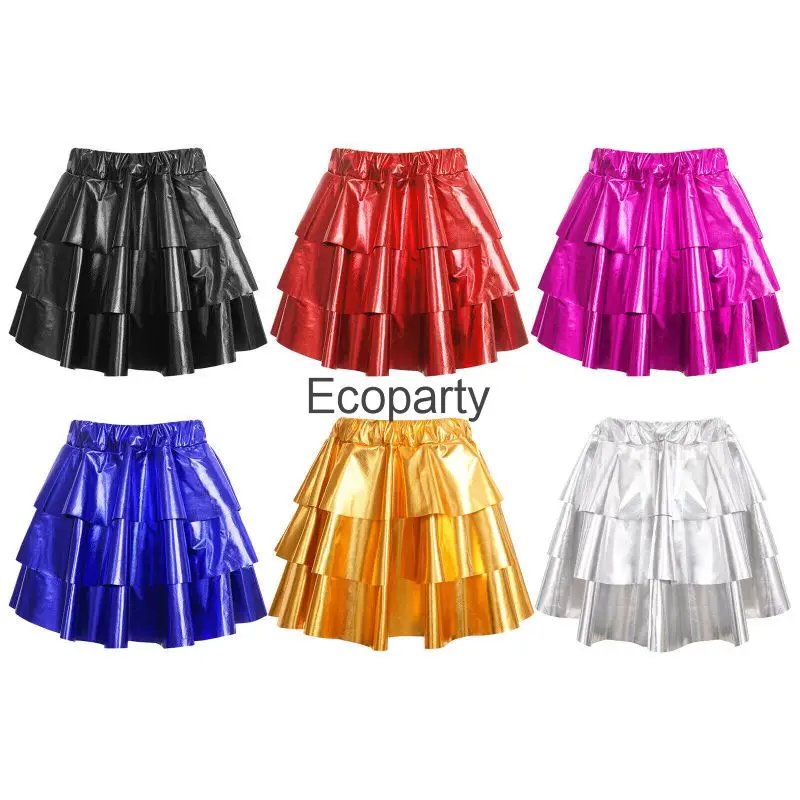 

Kids Shiny 3 Layers Metallic Pleated Skirt Hip Hop Jazz Dance Performance Costume Elastic Waist Skirts Girls Performance Wear