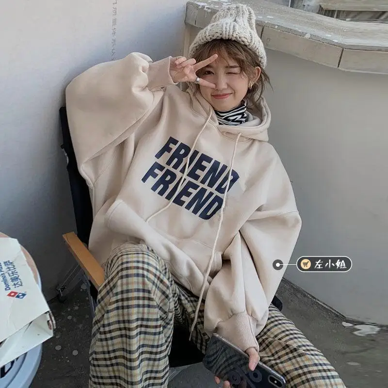 

Новая женская толстовка с капюшоном на флисовой подкладке, оверсайз, в корейском стиле, модная повседневная толстовка с мультяшным принтом, пуловер для ранней весны