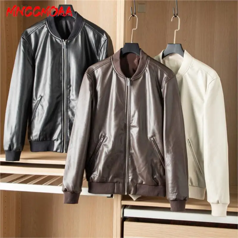 MNCCMOAA-Men's Loose Leather Jacket, Casual Coats, Long Sleeve, Zipper Outerwear, Monochromatic, Fashion, Spring, Autumn, 2024