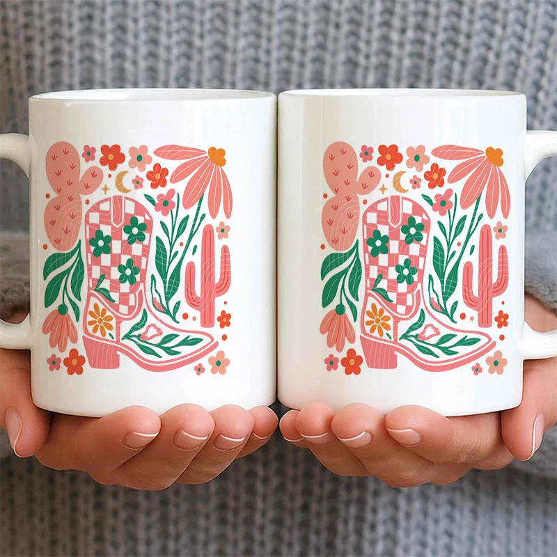 Cactus Cowboy Boot Floral Print Ceramic Coffee Mug, 11oz 350ml Personalized Custom Mug, Colorful Print Cute Aesthetic Mug, Micro