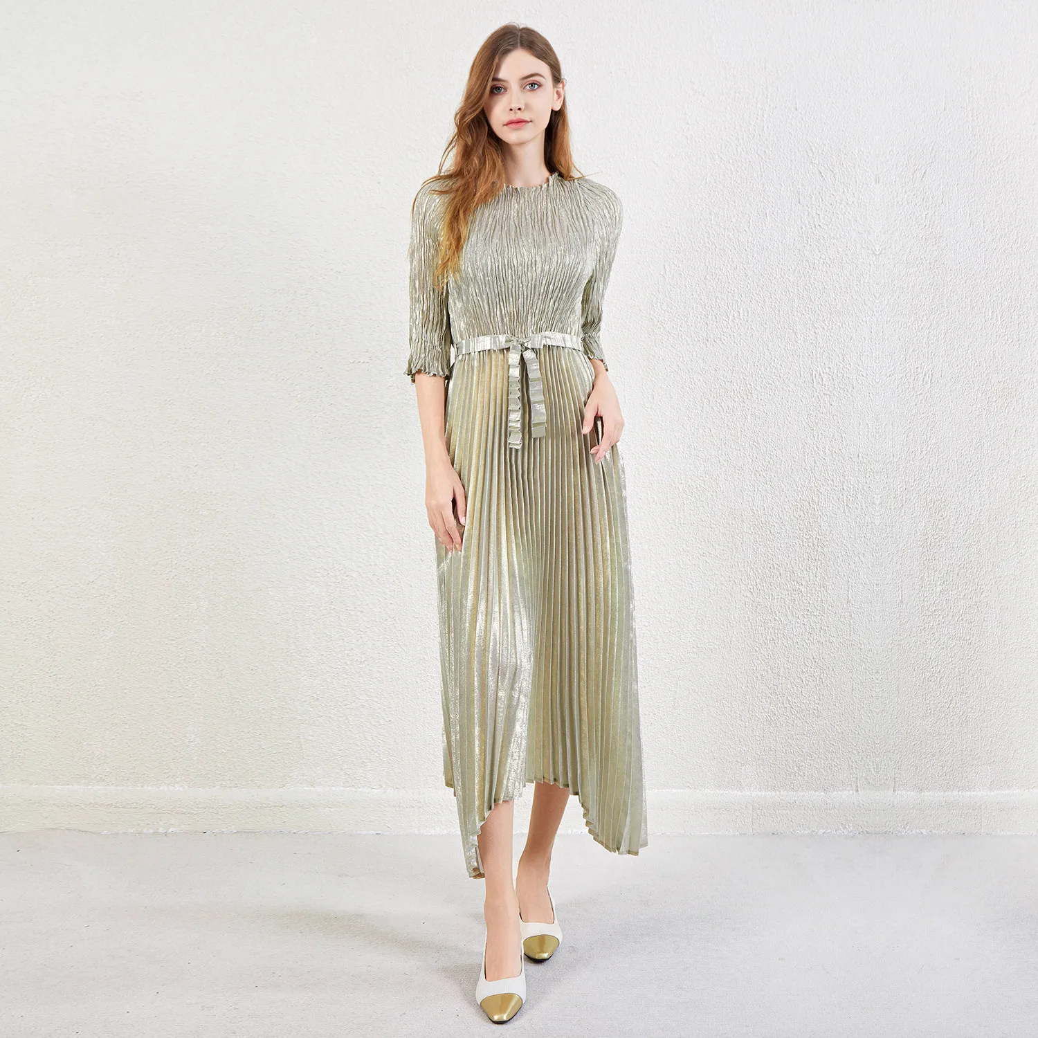 Miyake Celebrity Medium Sleeve Shirt Dress Women's Fashion Metal Sense Lace Up Pleated Over Knee Mid Length Skirt Evening 2024