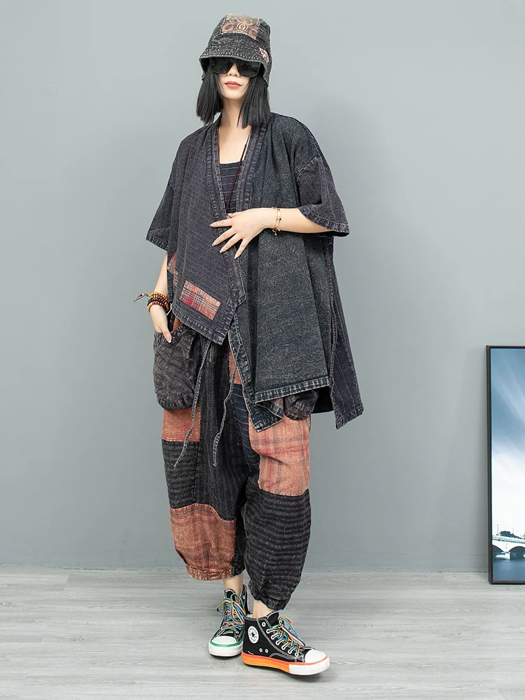 Vintage Asymmetrical Strap Splicing Short-sleeved Jacket And Elastic Waist Baggy Pants Two-piece Set For Women 2024 Autumn Suit
