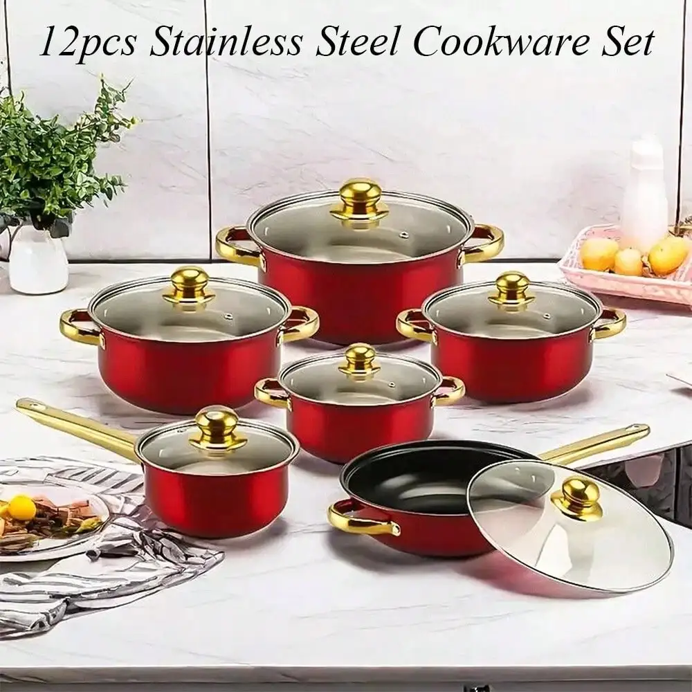 

12 Piece Cookware Set Nonstick Pots And Pans Home Kitchen Cooking Non Stick, Classic Design, Glass Cover