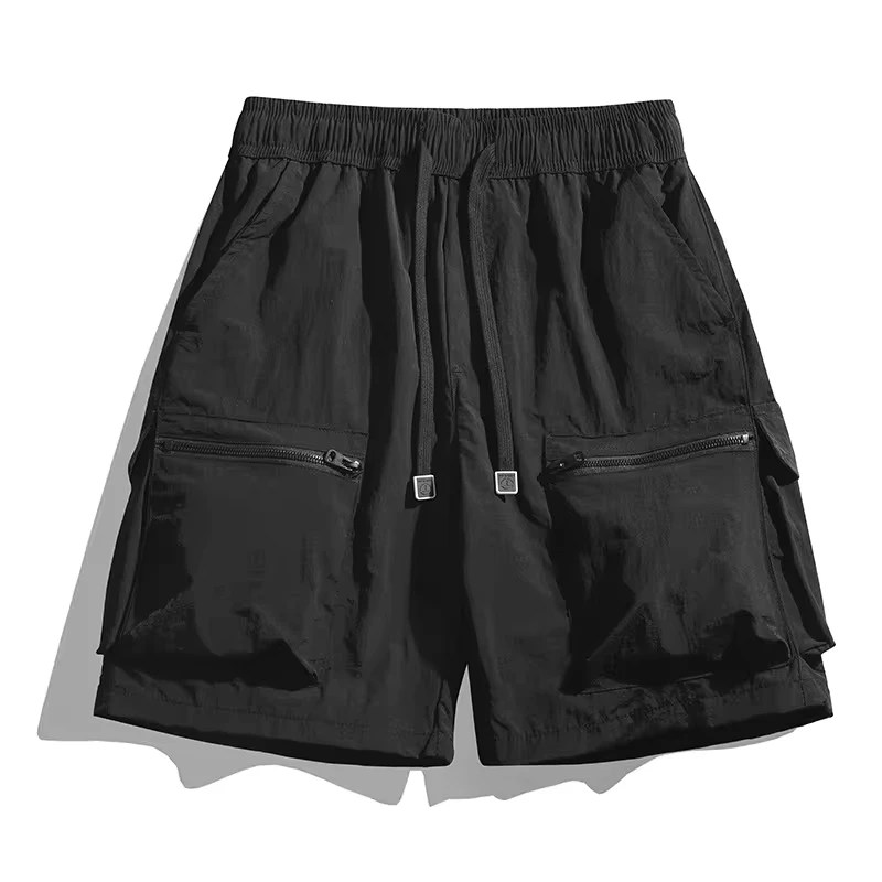 

Ice Silk Cargo Shorts Summer New Fashion Men's Thin Solid Color Casual Trendy Knee Length Drawstring Multi Pocket Shorts Male