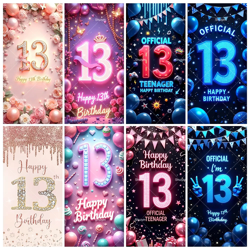 

2D Happy 13th Birthday Hanging Banner Boy Girl 13 years old Birthday Party Decorations Door Cover Neon Balloons Photo Shoot Prop