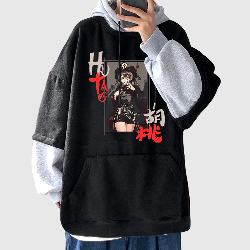 

Hu Tao Hoodie Genshin Impact Patchwork Sweatshirts Oversized Crewneck Sweatshirt Girls Kawaii Cartoon Tops Xiao Print Pullovers