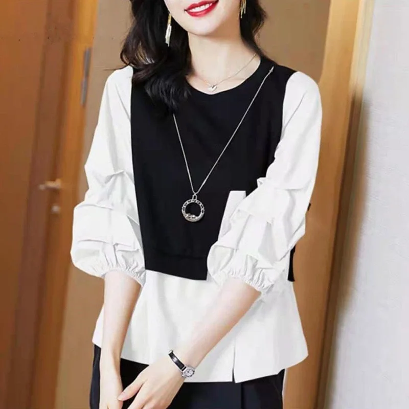 Fashion Button Spliced Irregular Fake Two Pieces Blouse Women\'s Clothing 2022 Autumn New Oversized Casual Pullovers Korean Shirt