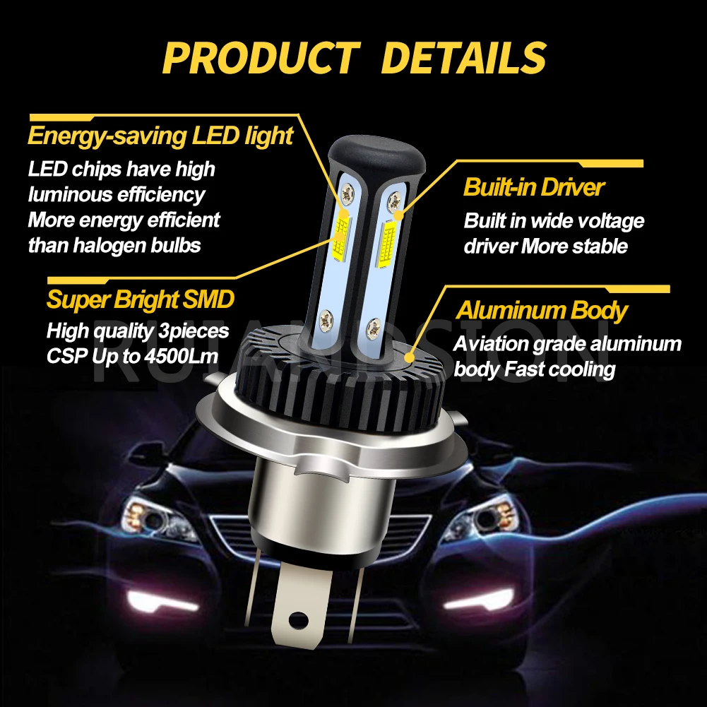 Ruiandsion H4 LED bulbs  CSP 3Chip 21.6W High-low light  AC/DC 12V 24V Superbright White Yellow for Car Motorcycle Headlights