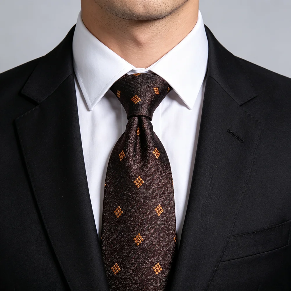 Dark Brown Geometric Floral Dot Jacquard Necktie Men 7cm Width Gravata Corbata Gold Tiny Square Pattern Business Suit Neck Tie