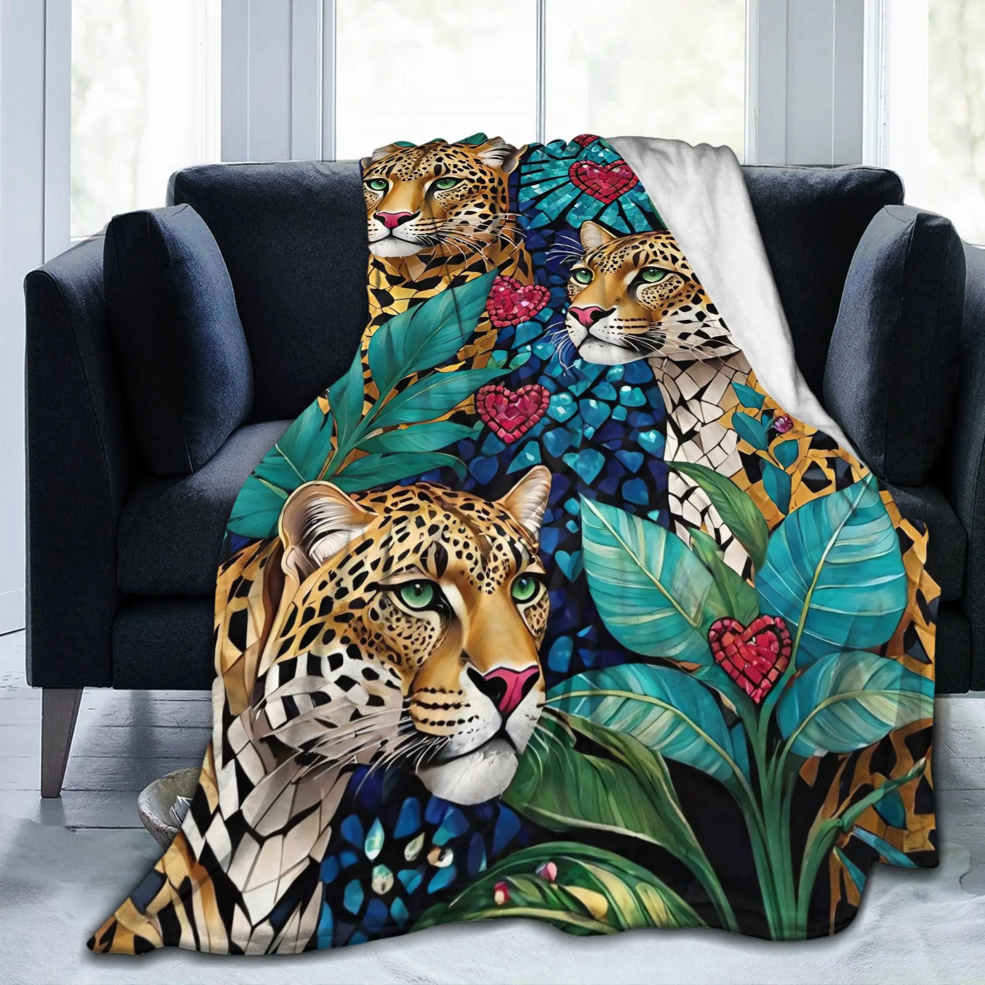 Jaguar Tropical Leaf Print Flannel Blanket Winter  Warm Soft Throw Blanket for Students Couch Chair Bedspread Sofa Bed Cover