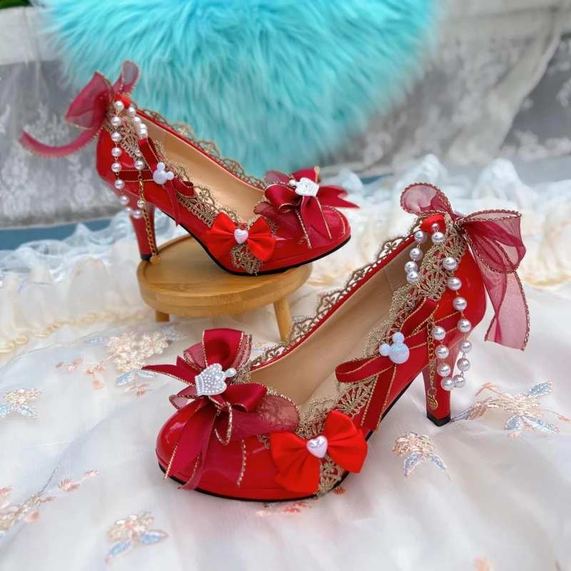 Japanese Elegant Sweet Lolita Mary Jane Shoes Women Kawaii Lace Bow Pearl Chain Pointed Tip Thin High Heels Wedding Party Pumps