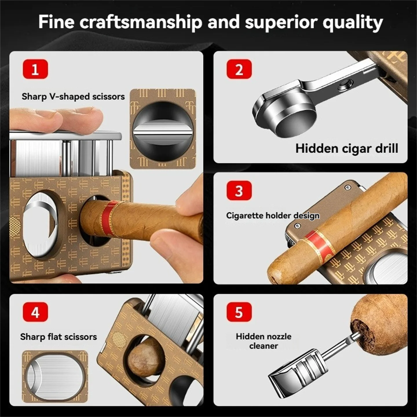 Многофункциональный резак для сигар 5-в-1 из нержавеющей стали с дрелью для сигар/держателем/иглой с плоским вырезом и V-образным вырезом в подарок отцу