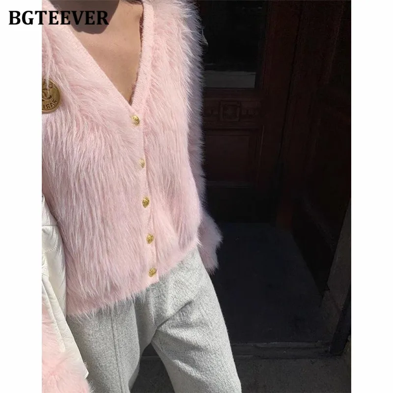 BGTEEVER Casual Soft Warm Female Open Stitch Sweaters Autumn Winter Thick Loose V-neck Knitted Cardigans Women