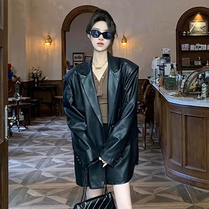 Streetwear Fashion Black Faux PU Leather Suit Jacket Women Spring Korean Loose Casual Double-breasted Long Sleeve Blazers Coat