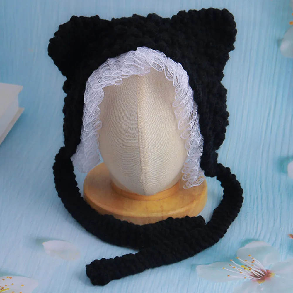 

New Fashion Cartoon Knitted Cat Ear Hat With Bow Casual Winter Warm Cap Cute Ear Protection High Quality Photo Props Cap Outdoor