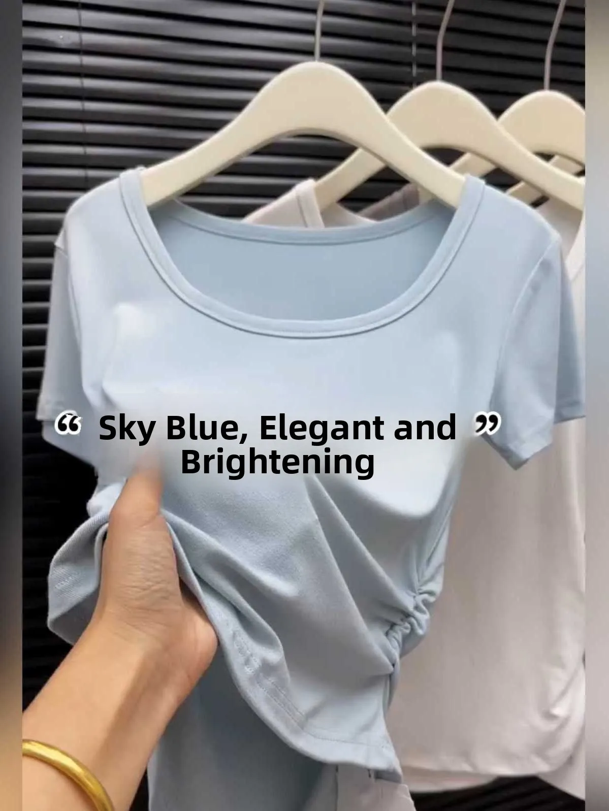 Slim Fit Square Collar Short Sleeve T-Shirt Women's Summer New Side Gathered Mask Base Shirt Versatile Korean Style Commute Wind