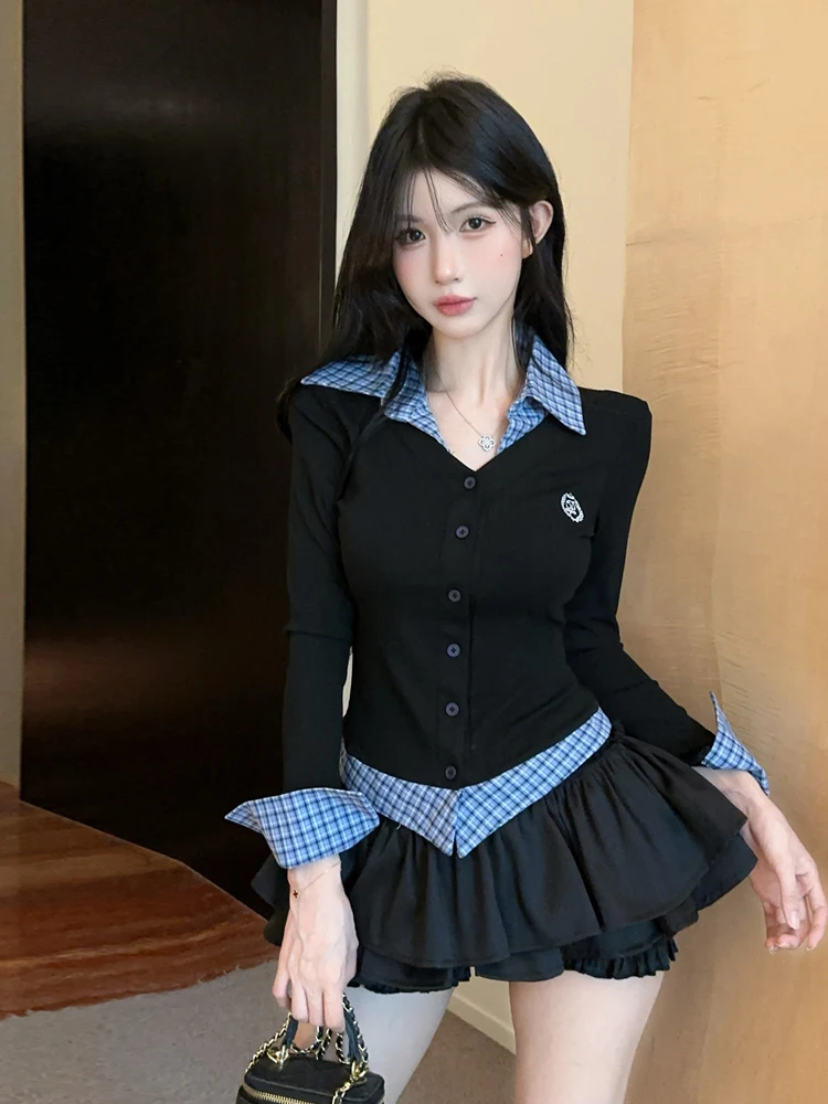 College Style Jk Uniform American Spicy Girl Fake Two-Piece Color Block Long Sleeve T-Shirt Top Puffy Half-Skirt Set Women
