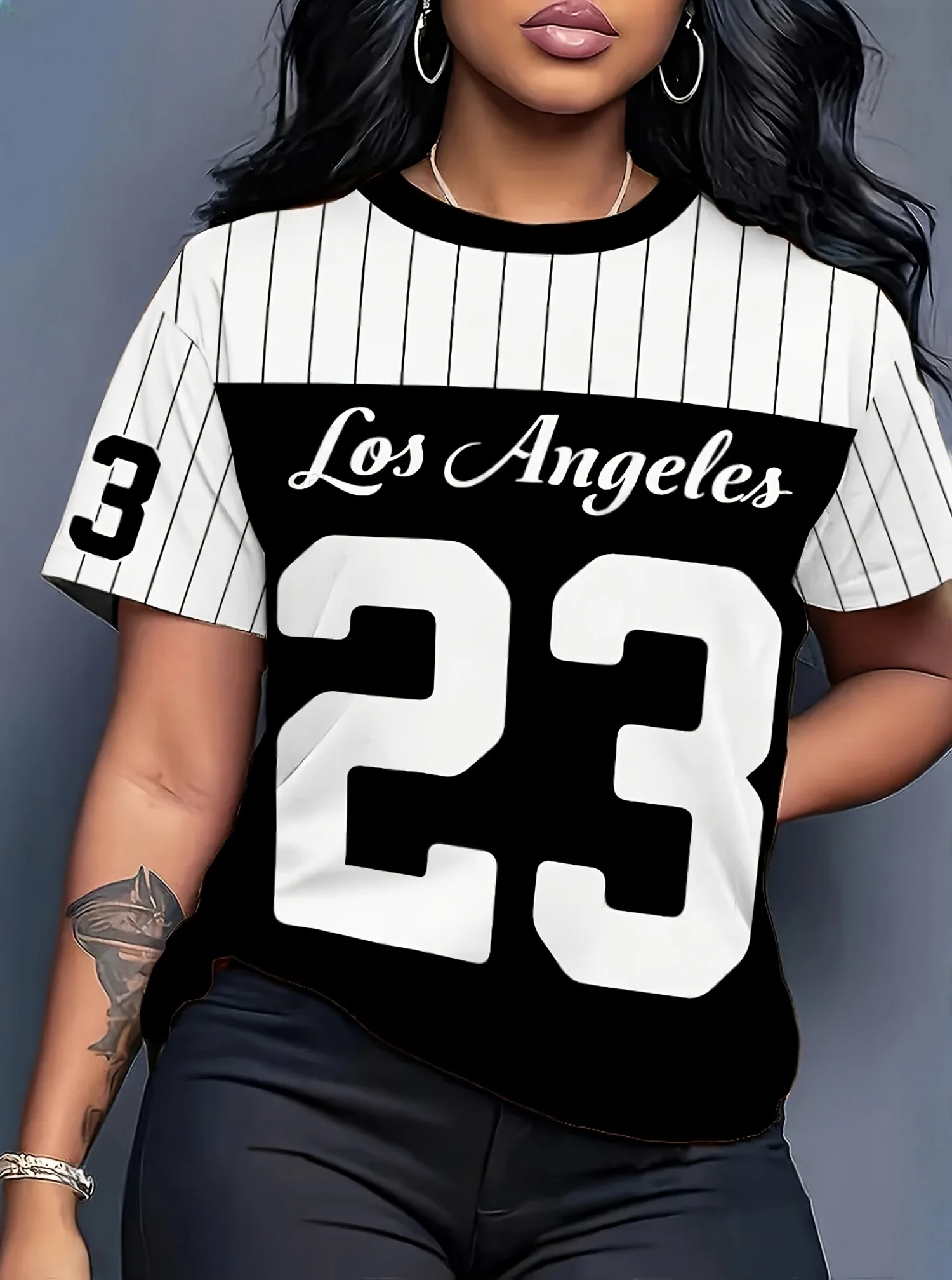 

Летняя женская модная футболка с рисунком Лос-Анджелес 23, полосатая футболка с коротким рукавом и круглым вырезом, повседневный топ, женская креативная спортивная домашняя футболка