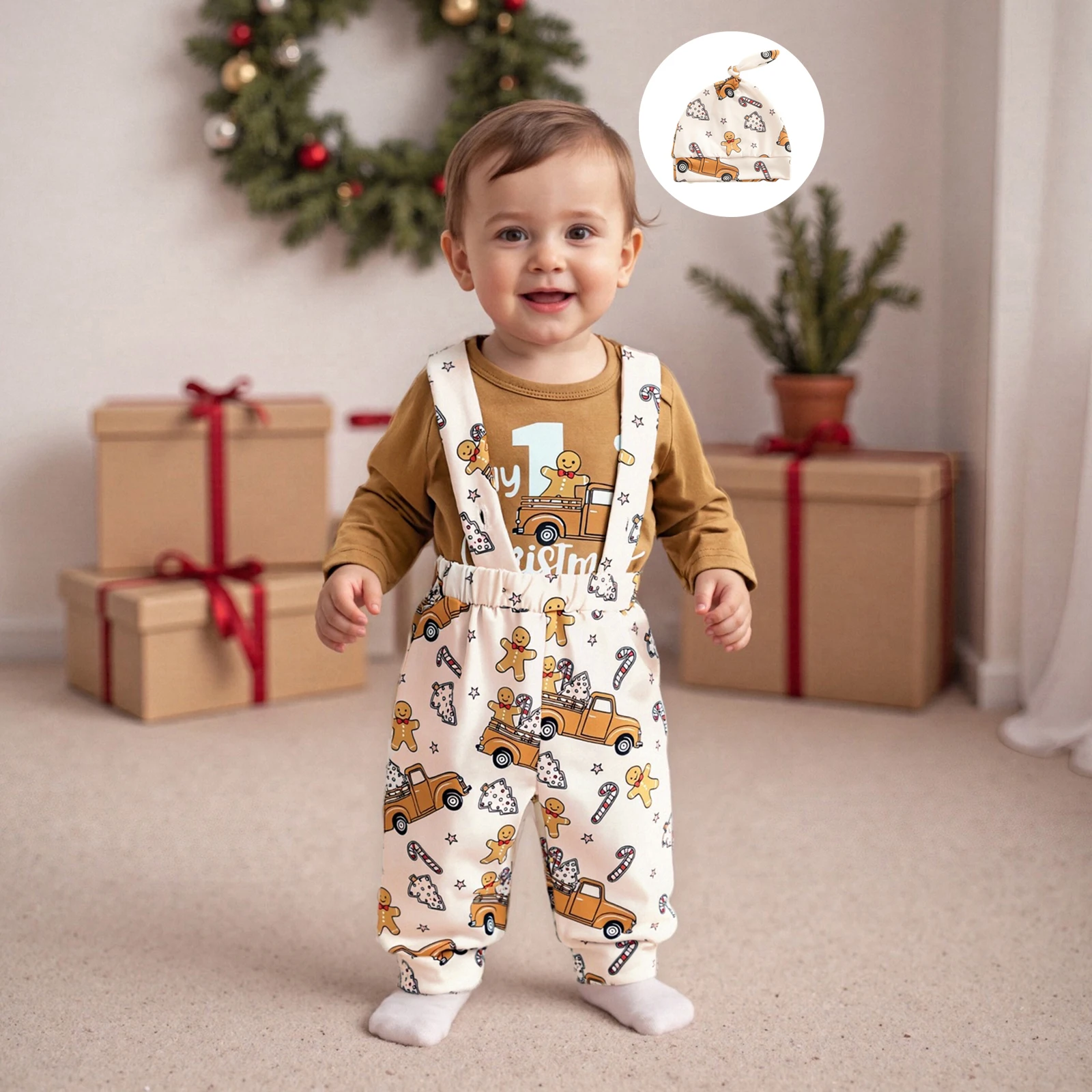 

Одежда для малышей, комплект из 3 предметов для мальчиков, комбинезон с длинными рукавами и круглым вырезом, штаны с пряничным принтом Санта-Клауса, комплект одежды с шляпой