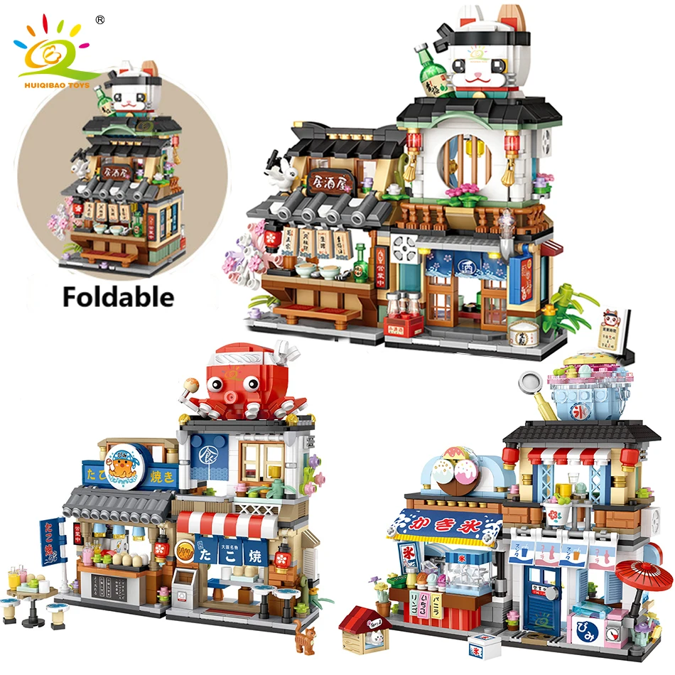 HUIQIBAO City Mini Chinese Street View Grocery Store Meat Shop Building Blocks Japanese Food  Ice Shop Figures Bricks Toys Child