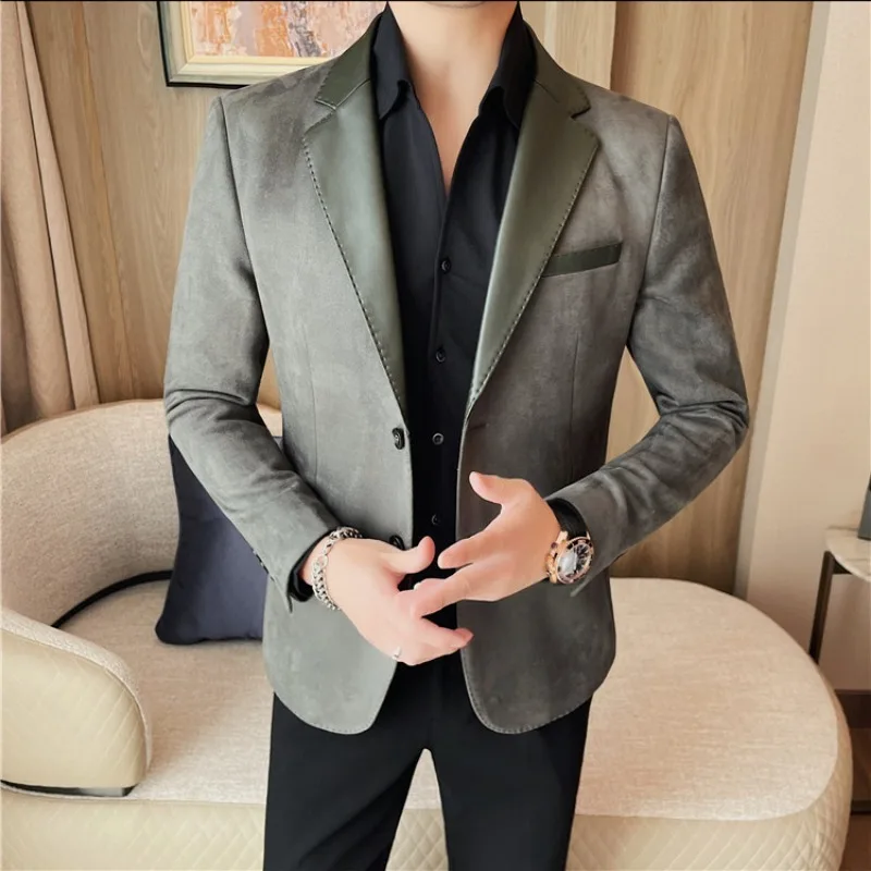 High-quality PU Patchwork Suede Men\'s Blazers Brand Solid Color Slim Fit Casual Business Dress Coats Social Banquet Men Clothing