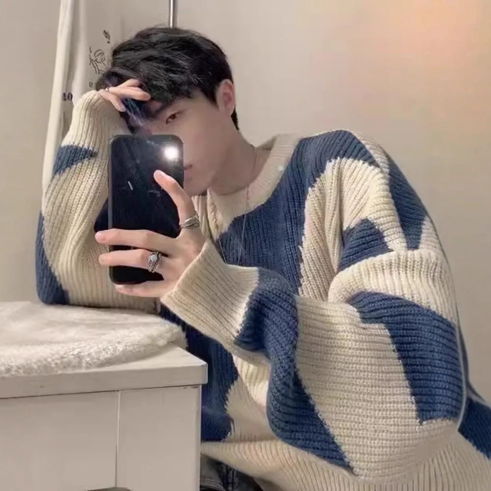 

Мужской свитер в полоску в стиле ретро, зимний повседневный свободный крой, вязаная верхняя одежда из полиэфирного волокна, длинный свел, ру...