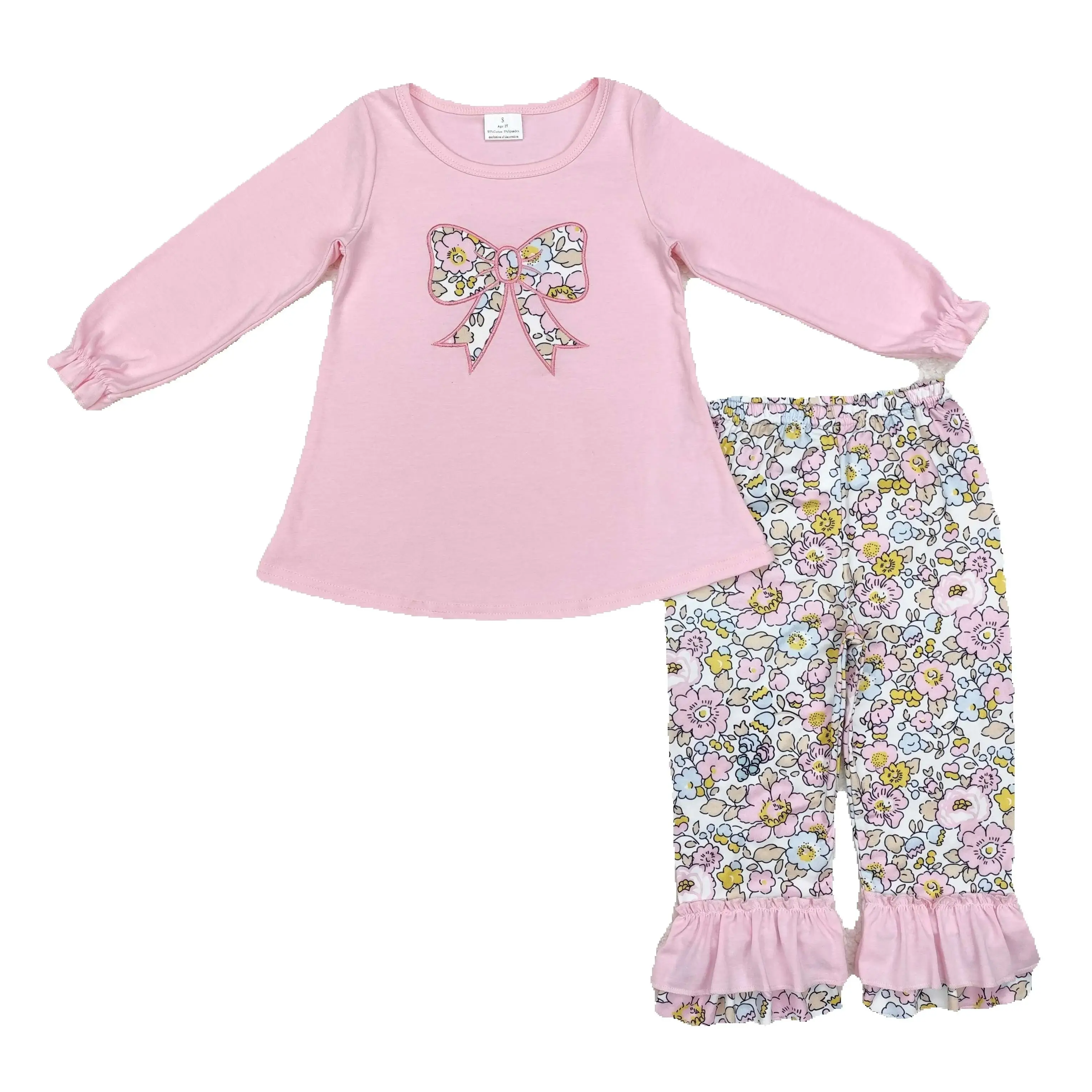 GLP1836 Kids Girls Autumn Outfit Sets Long Sleeves Embroidery Flower Butterfly Pattern Pink Print With Trousers Children Clothes