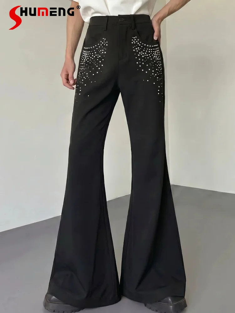 2026 Men's Summer New Fashion Micro-flared Pants Men's Hot Diamond Pearl Handsome Design Pants Comfort Solid Color Chic Trousers