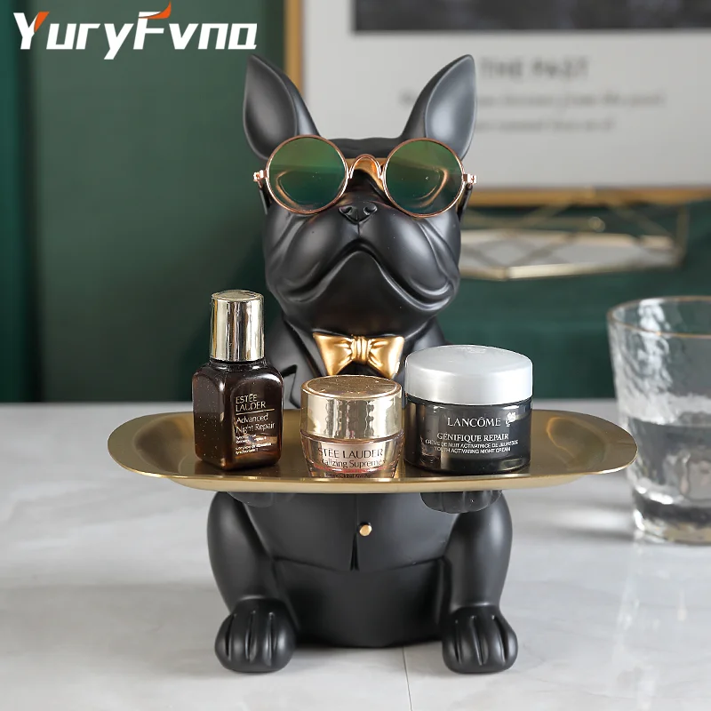 YuryFvna French Bulldog Figurine with Tray Sculpture Desk Storage Statue Decorative Coin Bank Home Room Abstract Art Decoration