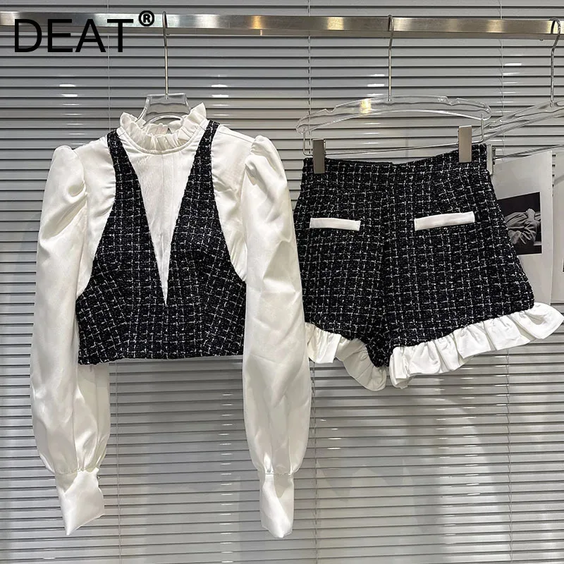 DEAT 2025 خريف جديد أنيق تويد سترة المرقعة وهمية قطعتين قميص للنساء الدانتيل حافة السراويل الإناث العصرية 11A06517
