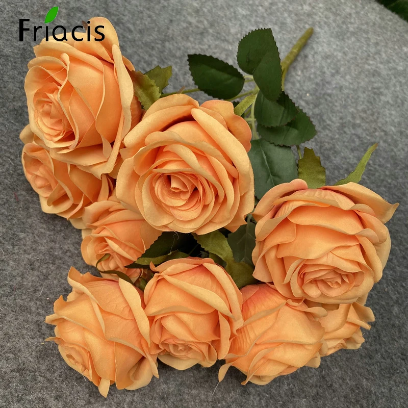 9 cabezas de flores de simulación de seda, ramo de rosas naranjas, decoración del hogar, flor falsa, paquete de rosas de esquina de diamante, decoración para sala de estar