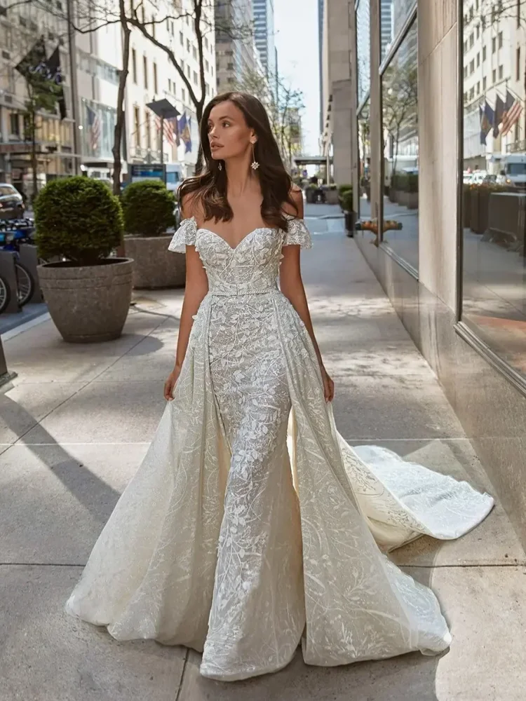 فاخر قبالة الكتف الحبيب حورية البحر فستان الزفاف انفصال رداء أنيق الدانتيل صائق حديقة فستان العروس حسب الطلب #5