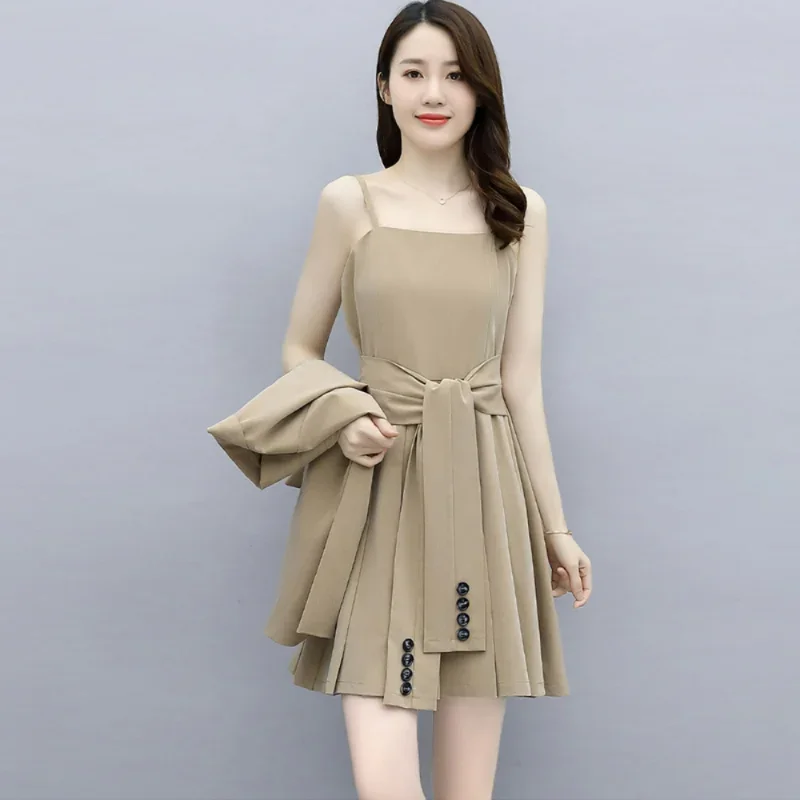 Blazers Suits Office Wear Women Dresses Sets Spring Slim Fit Short Pleated Dress 2 Piece Trendy Grace Fashion Look Thin Commute