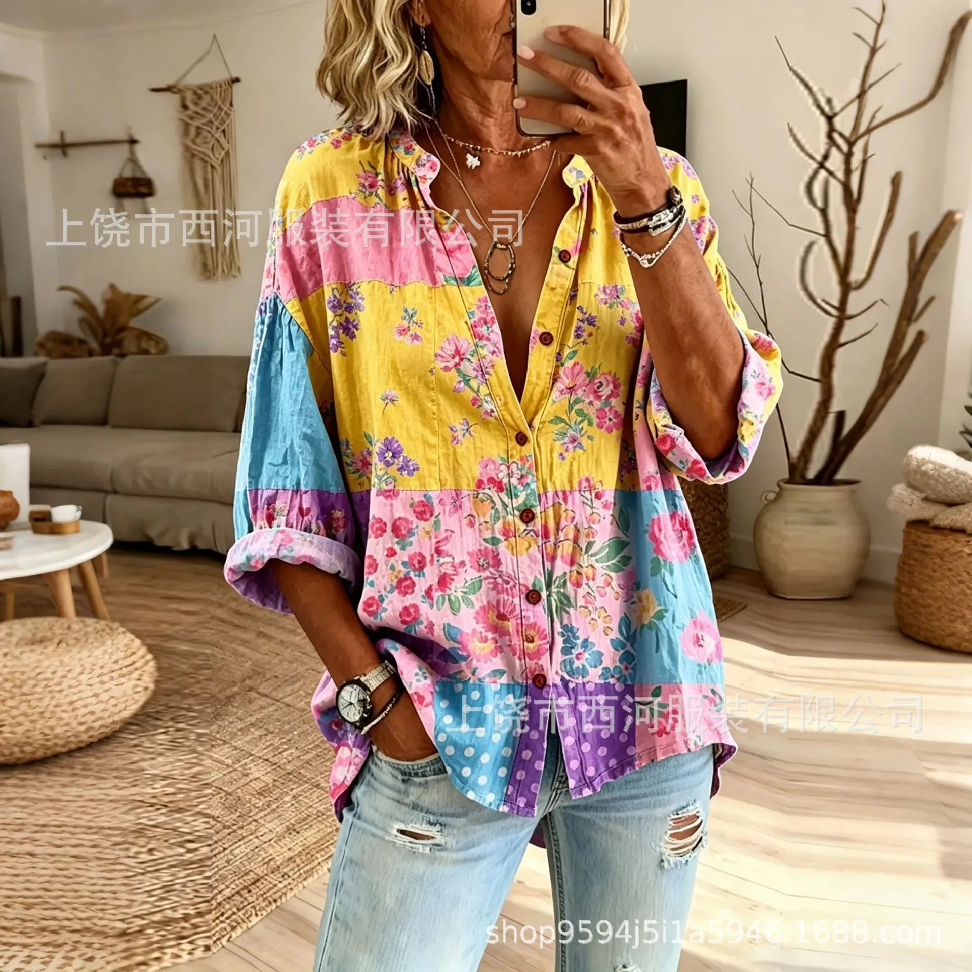 Loose Fit 3D Print T Shirt Regular Length Elegant with 3D Print Blouse V Neck Long Sleeve Summer Fresh T Shirts for Women